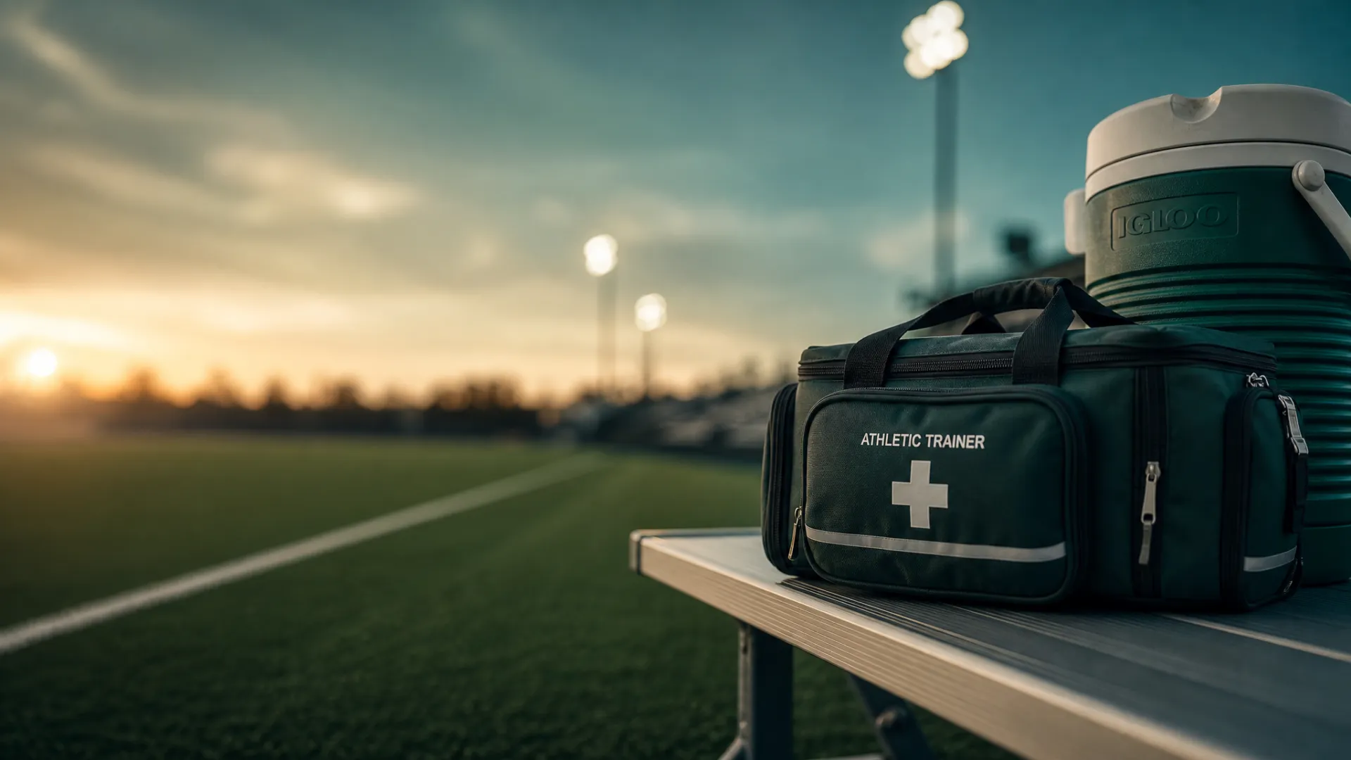 Athletic training kit and sideline equipment on a sports field at golden hour